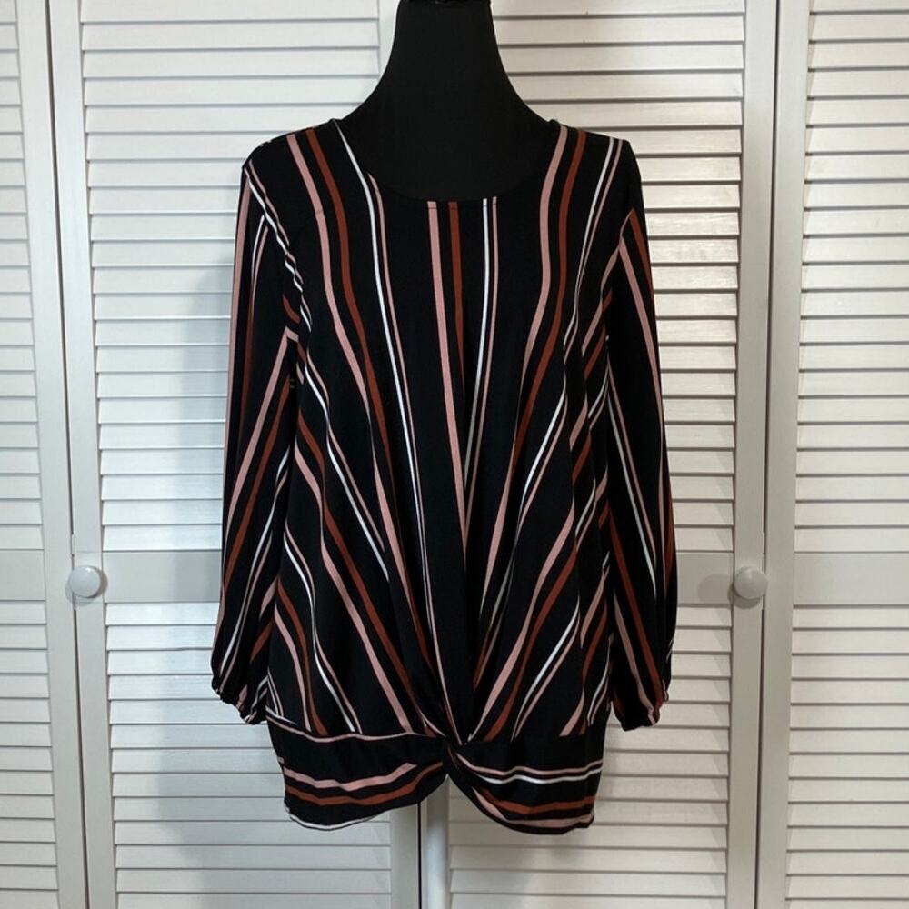 Adrianna Papell Black Striped Twist Front Hem Stretch Blouse Women L